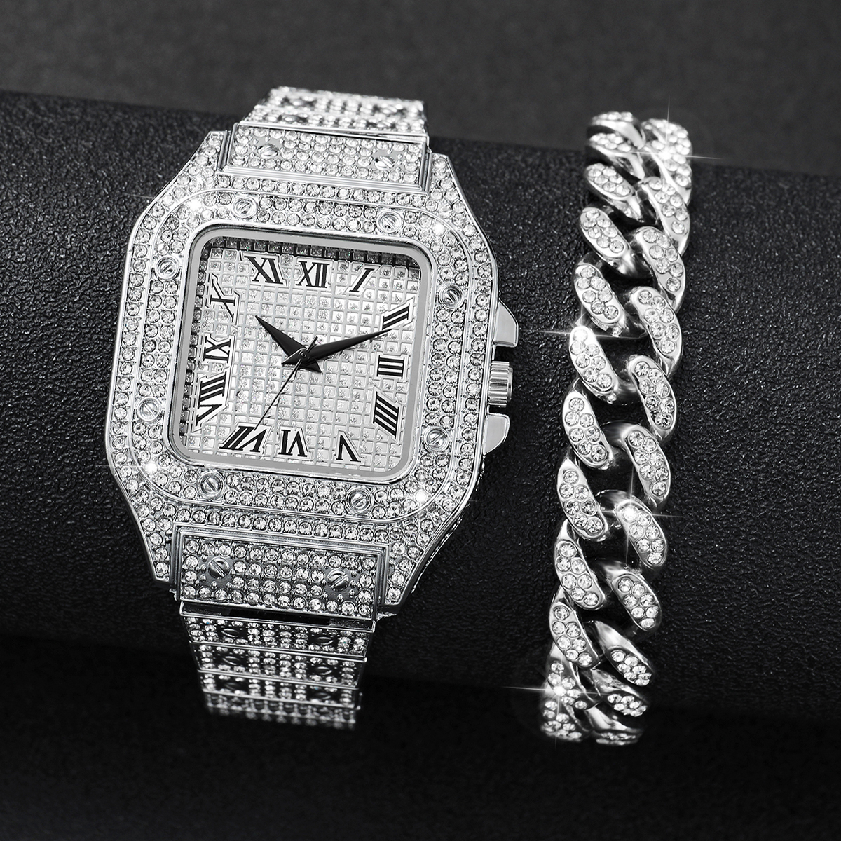 Luxury Watch Life - 2PCS Iced Out Square Watch &