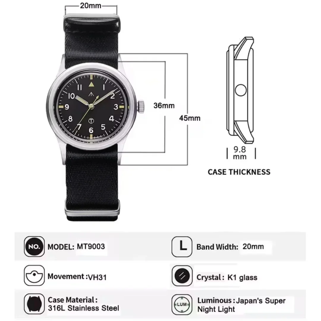Men Field Tactical Watch 36mm  - Field Watch Military recension och pris