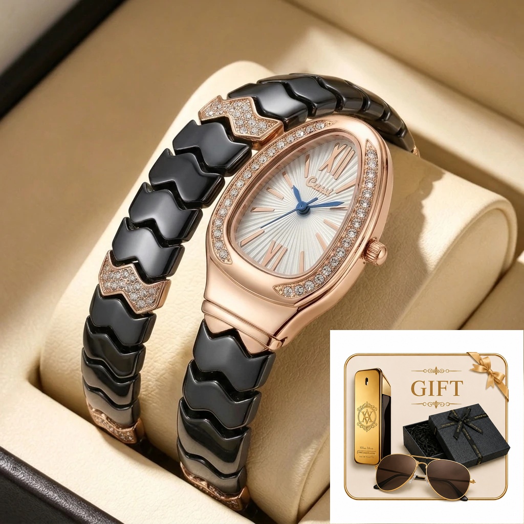 4pc Ladies Black and Rose Gold - Luxury Watch Gold And Black recension och pris